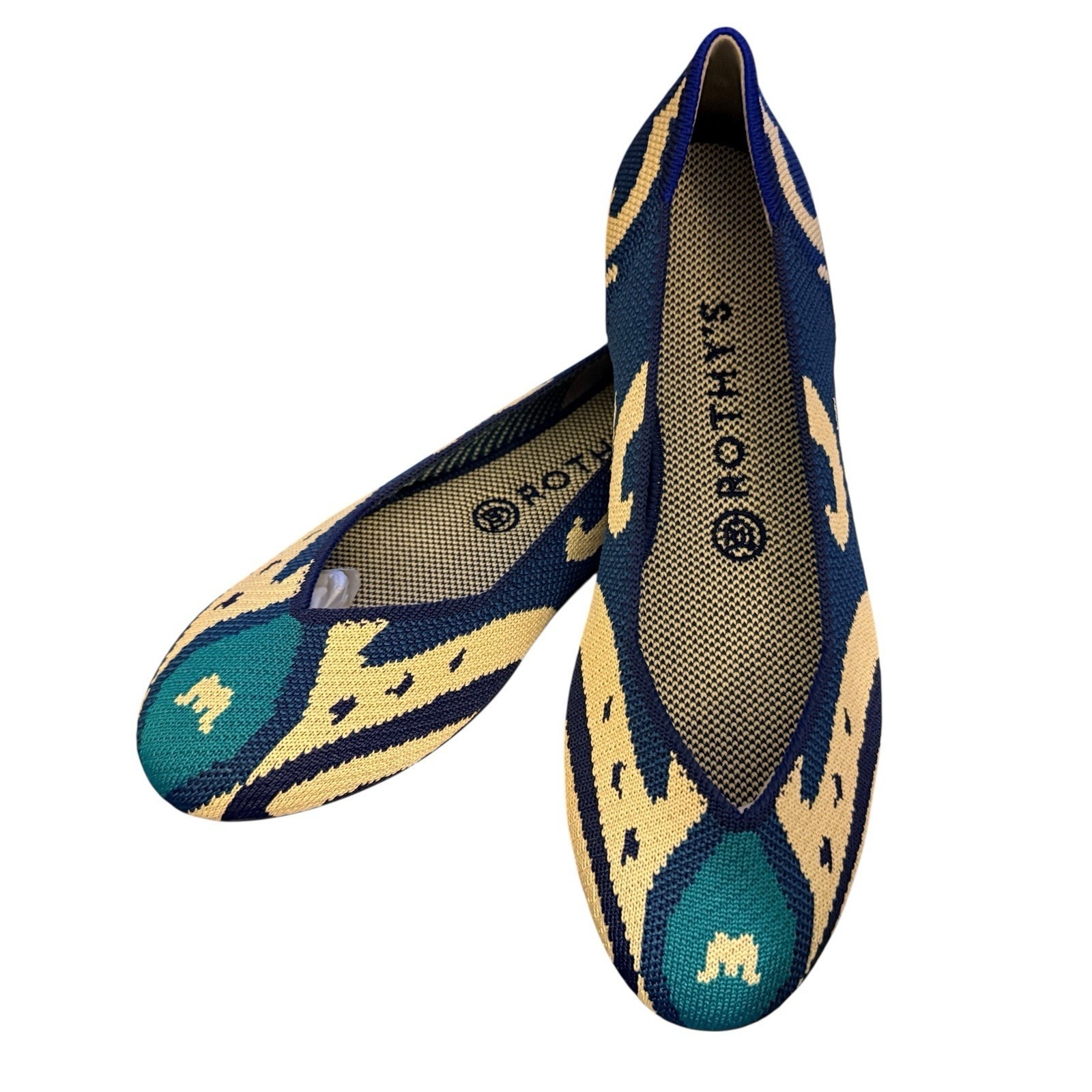New W Box Rothys Shoes 8 7.5 Moroccan Blue Ikat Oval Toe Flats Retired Boho